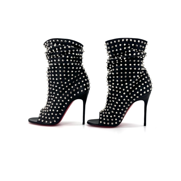NEW Christian Louboutin Guerilla 100 Silver Spike Leather Peep Toe Booty 37.5 - Picture 5 of 10